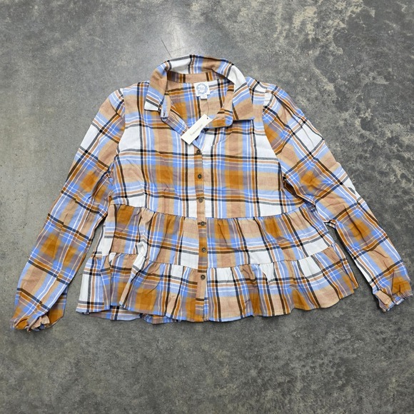 NWT Francesca's Plaid Peplum Top Womens L Long Sleeve Button Down - Picture 1 of 5